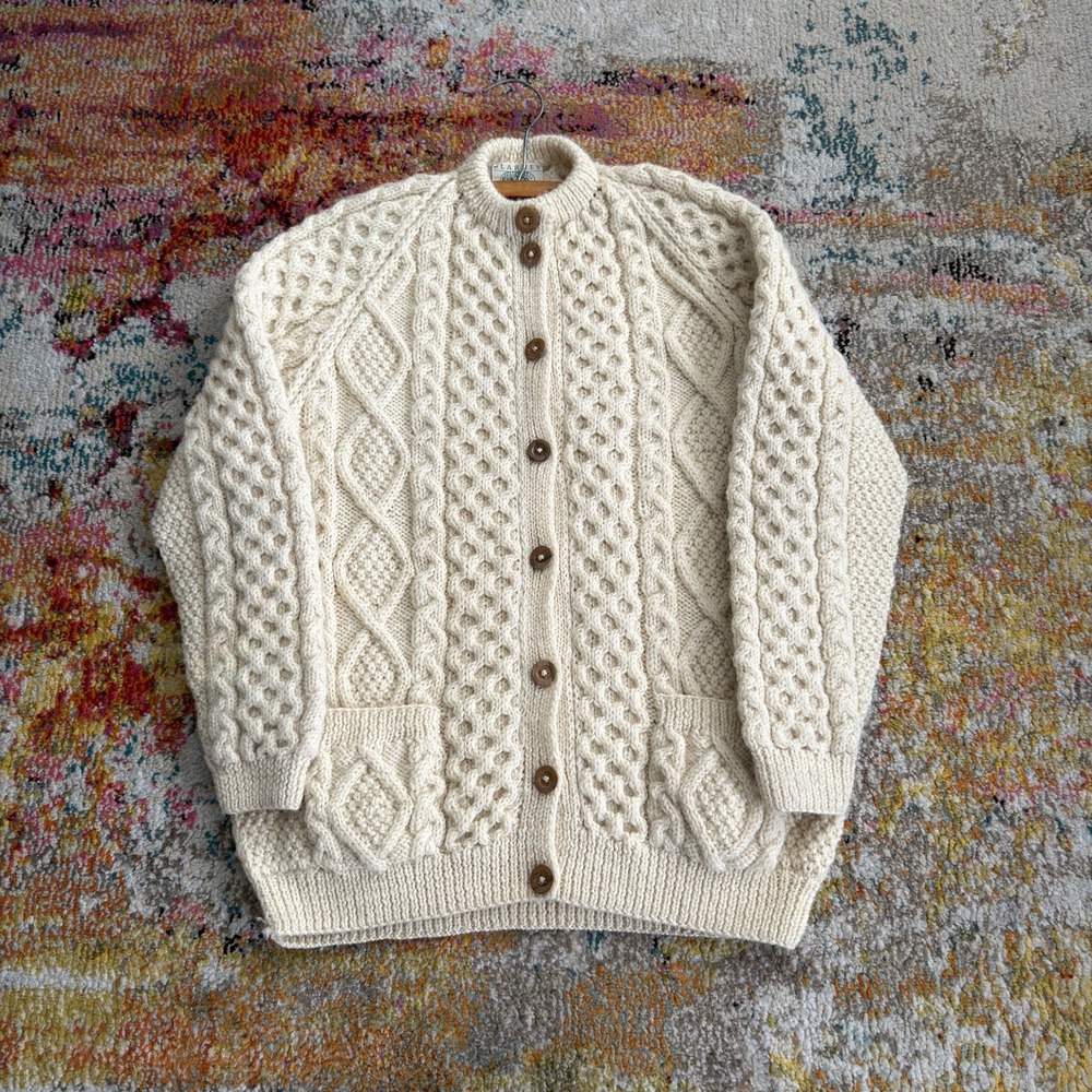 Blarney Woollen Mills Aran Fisherman Cable Knit Wool Cardigan Sweater Ireland
